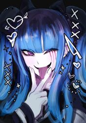 1girl amemiya_darumi black_bow black_hair blue_hair blush bow close-up collarbone eyelashes female_focus fingernails hair_bow hand_up heart highres knife looking_at_viewer one_eye_closed open_mouth pink_eyes simple_background smile solo the_hundred_line_-last_defense_academy- tongue tongue_out v wink
