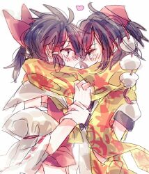 2girls ascot black_hair bow detached_sleeves face-to-face hair_bow hair_tubes hakurei_reimu hat holding_another&#039;s_wrist leaf leaf_print looking_at_another maple_leaf maple_leaf_print multiple_girls pointy_ears pom_pom_(clothes) red_bow red_hat ribbon-trimmed_sleeves ribbon_trim scarf shameimaru_aya shared_clothes shared_scarf short_hair tengu tokin_hat touhou yellow_ascot yuki_(bhoshirs) yuri
