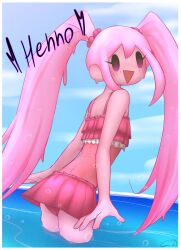 1girl :d absurdres alternate_costume arms_at_sides bare_arms bare_shoulders bikini bikini_skirt blue_sky blush border bubble cabronpr cloud colored_skin commentary cowboy_shot dutch_angle english_commentary frilled_bikini frills from_behind from_below hair_bobbles hair_ornament heart highres leaning_forward long_hair monster_girl mutantheart_(omori) ocean omori open_mouth outdoors pink_bikini pink_eyes pink_hair pink_skin ruffle_bikini sky slime_girl smile solid_oval_eyes solo standing swimsuit triangle_mouth twintails very_long_hair wading white_border