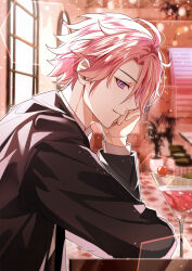Rule 34 | 1boy, aguaaaaaa, bar (place), black jacket, black suit, cherry, chinese commentary, closed mouth, cocktail, cocktail glass, collared shirt, cup, drinking glass, ensemble stars!, food, formal clothes, from side, fruit, hair between eyes, head on hand, head rest, highres, indoors, jacket, lens flare, light particles, long sleeves, looking at viewer, male focus, oukawa kohaku, pink hair, plant, potted plant, profile, purple eyes, shirt, short hair, sideways glance, smile, solo, stool, suit, suit jacket, upper body, white shirt, window