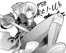 1girl agrias_oaks bad_id bad_pixiv_id blush braid breasts cleavage female_focus final_fantasy final_fantasy_tactics gloves greyscale monochrome single_braid solo sword tooka weapon