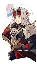Rule 34 | 1boy, 1girl, armor, black gloves, black jacket, blue eyes, blush, dragon quest, dragon quest iv, gloves, grey hair, hair between eyes, hairband, headband, highres, holding, holding sword, holding weapon, jacket, long hair, male focus, mamesan 2024, open mouth, parted bangs, pauldrons, pink hair, pisaro, pointy ears, red eyes, red headband, rosalie (dq4), shoulder armor, shoulder spikes, single pauldron, skull ornament, slime (substance), smile, spikes, sword, upper body, weapon, white background, yellow hairband