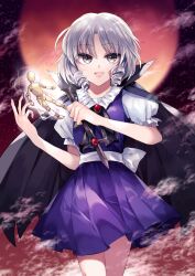 Rule 34 | 1girl, :d, black cape, black ribbon, cape, collared shirt, commentary request, commission, cowboy shot, cross, drill hair, drill sidelocks, frilled shirt collar, frills, full body, gem, grey eyes, grey hair, high collar, highres, holding, holding cross, katayama kei, muse (seihou), neck ribbon, open mouth, outdoors, puffy short sleeves, puffy sleeves, purple skirt, purple vest, ribbon, sash, seihou, shirt, short hair, short sleeves, sidelocks, skeb commission, skirt, smile, solo, steam, vest, voodoo doll, white sash, white shirt