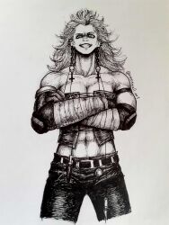 absurdres black_corset chain corset cross dorohedoro ear_chain earrings emonwell highres inverted_cross jewelry leather leather_pants muscular muscular_female noi_(dorohedoro) pants skull