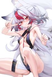 1girl animal_ear_fluff animal_ears barefoot black_hair blush breasts cameltoe clothing_cutout commentary_request covered_erect_nipples fox_ears fox_girl fox_tail grey_hair hair_between_eyes highres large_tail long_hair looking_at_viewer multicolored_hair ninsaki_(9saki) original pink_hair red_eyes red_hair red_rope rope simple_background skindentation sleeveless small_breasts smile solo squatting streaked_hair sweat tail thigh_strap v very_long_hair white_background
