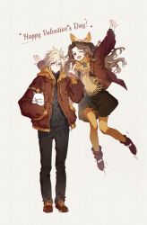 1boy 1girl aerith_gainsborough alternate_costume aqua_eyes black_dress black_pants black_sweater blonde_hair boots brown_coat brown_footwear brown_hair cable_knit closed_mouth cloud_strife coat couple creature dated dress fang final_fantasy final_fantasy_vii green_eyes hair_between_eyes hair_ribbon hand_in_pocket happy_valentine hetero highres holding holding_creature hood hood_down hooded_coat kieta long_hair long_sleeves looking_at_viewer moogle nail_polish one_eye_closed open_mouth orange_hood orange_nails orange_pantyhose orange_ribbon orange_scarf outstretched_arms pants pantyhose parted_bangs ponytail ribbon sabotender scarf short_hair sidelocks smile spiked_hair sweater turtleneck turtleneck_sweater v valentine wavy_hair