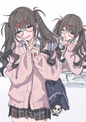 Rule 34 | 1girl, bag charm, blush, brown hair, cardigan, charm (object), collared shirt, commentary, fingernails, glasses, hair ornament, hairclip, hamafugu, hand on own chin, head tilt, highres, long hair, looking at viewer, multiple views, nail polish, open mouth, original, pink cardigan, pink nails, plaid clothes, plaid skirt, pleated skirt, school uniform, shirt, simple background, sketch, skirt, tongue, tongue out, twintails, white background, white shirt