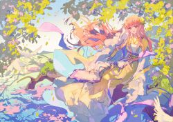 1girl absurdres artist_request bird blue_sky bow brown_eyes day dot_nose dove eyelashes floating_clothes floating_hair flower frilled_hanfu frilled_sleeves frills full_body hair_flower hair_ornament hand_in_own_hair happy highres lake leaf light_blush long_hair long_sidelocks long_sleeves looking_ahead miracle_nikki moss mountainous_horizon nikki_(nikki) nikki_(series) on_branch open_mouth outdoors petals pink_hair purple_bow ripples rose sash sidelocks sitting sitting_on_branch sky sleeves_past_fingers sleeves_past_wrists smile solo swept_bangs tabard tree very_long_hair waist_bow white_tabard wide_sleeves wind yellow_flower yellow_hanfu yellow_rose yellow_sash