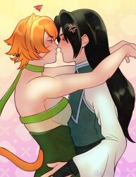 Rule 34 | 1boy, 1girl, alternate eye color, animal ears, annoyed, arms around neck, bare shoulders, beads, black hair, blush, breasts, cat ears, cat girl, cat tail, choker, collar, commission, commissioner upload, echobows, face-to-face, facial mark, fire emblem, fire emblem: path of radiance, fire emblem: radiant dawn, green choker, green collar, hair beads, hair ornament, highres, holding another&#039;s waist, imminent kiss, laguz (fire emblem), lethe (fire emblem), medium breasts, nintendo, noses touching, orange hair, orange tail, robe, sleeveless, soren (fire emblem), soren (radiant confidant) (fire emblem), tail, whisker markings