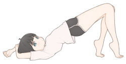 1girl 1ssakawaguchi absurdres ahoge arched_back arms_up barefoot black_shorts brown_hair dolphin_shorts feet from_side grey_eyes highres ichika_(1ssakawaguchi) legs light_blush looking_at_viewer original shirt short_hair short_shorts short_sleeves shorts simple_background solo t-shirt thighs tiptoes toes top-down_bottom-up white_background white_shirt