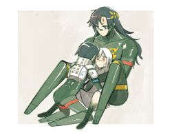 3girls android ange_(angeban93) ariane_yeong armor bandages bandaid bandaid_on_cheek bandaid_on_face bandaid_on_forehead bandaid_on_nose black_eyes black_hair blush commentary dress elster_(signalis) english_commentary facial_mark falke_(signalis) hair_between_eyes height_difference highres joints laurel_crown long_hair mechanical_arms mechanical_legs multiple_girls no_feet parted_bangs red_eyes robot_joints shoulder_armor signalis tall_female white_hair yuri