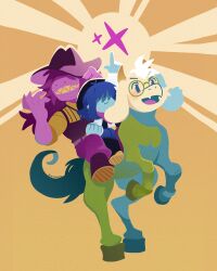 1boy 1girl 1other black_hat blue_skin colored_skin cowboy_hat deltarune furry glasses hair_over_eyes hat horseback_riding kris_(deltarune) pointing pointing_up projecttiger ralsei riding sharp_teeth susie_(deltarune) teeth yellow_background