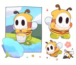 1boy antennae blue_flower boots bucket flower green_boots holding holding_bucket mario_(series) mofupoyo multiple_views nintendo robe shy_guy stingby white_mask wings yellow_robe