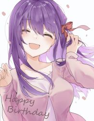 Rule 34 | 1girl, ^ ^, birthday, blush, breasts, closed eyes, collarbone, falling petals, fate/stay night, fate (series), floating hair, hair ribbon, hand in own hair, happy birthday, highres, jacket, long hair, matou sakura, medium breasts, petals, pink jacket, purple hair, ribbon, smile, solo, straight hair, tanka kikurage, twitter username, upper body