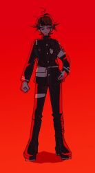 1boy ahoge black_boots black_hair black_pants black_shirt boots closed_mouth full_body hand_on_own_hip last_defense_academy_school_uniform looking_at_viewer male_focus messy_hair multicolored_hair pants pink_eyes red_background red_hair shirt simple_background solo solo_focus standing streaked_hair sumino_takumi the_hundred_line_-last_defense_academy-