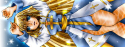 Rule 34 | 1girl, 2000s (style), arch bishop (ragnarok online), arms up, blonde hair, blue background, blue dress, blue eyes, breasts, commentary request, cross, dress, feet out of frame, fishnet thighhighs, fishnets, long hair, looking at viewer, medium breasts, open mouth, ragnarok online, sash, sideways, solo, thighhighs, tomiya airu, two-tone dress, very long hair, white dress, white thighhighs, yellow sash