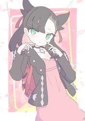 Rule 34 | 1girl, asymmetrical bangs, backpack, bag, black choker, black hair, black jacket, black nails, choker, closed mouth, collarbone, dress, dusk ball, green eyes, hair ribbon, hands up, highres, holding, holding poke ball, jacket, looking at viewer, marnie (pokemon), nintendo, pink dress, poke ball, pokemon, pokemon swsh, ribbon, shisa-tsukishima, solo, undercut