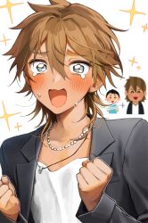 1boy absurdres aruminsuko bead_necklace beads black_jacket blue_eyes blush brown_hair clenched_hands commentary_request crying gyaruo highres irasutoya jacket jewelry male_focus necklace open_mouth reference_inset ring ring_necklace smile solo sparkle tan tears upper_body