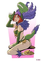 1girl ;p artist_name ass bare_shoulders bikini breasts cleavage d-rex dinosaur_costume elbow_gloves from_side gloves green_bikini green_gloves green_hairband green_shoes hairband hat_feather high_heels highres looking_at_viewer one_eye_closed orange_hair original pink_background shoes short_hair sitting solo swimsuit tongue tongue_out white_background