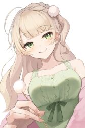1girl absurdres bare_shoulders blonde_hair blunt_bangs buttons cardigan center_frills collarbone commentary_request dress fingernails frills from_below green_dress green_eyes hair_ornament highres holding indie_virtual_youtuber light_blush long_hair looking_at_viewer mimikaki off_shoulder official_alternate_costume official_alternate_hair_length official_alternate_hairstyle one_side_up open_cardigan open_clothes pink_cardigan pom_pom_(clothes) pom_pom_hair_ornament raised_eyebrows rosee_sunrich shigure_ui_(vtuber)_(taito) sleeveless sleeveless_dress smile solo upper_body white_background
