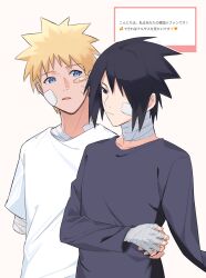 2boys amputee arm_around_waist armless_amputee bandaged_hand bandaged_neck bandages bandaid bandaid_on_cheek bandaid_on_face black_eyes black_hair black_shirt blonde_hair blue_eyes closed_mouth collarbone commentary_request cowboy_shot facial_mark gauze gauze_on_cheek hand_on_another&#039;s_hand highres injury long_sleeves looking_ahead looking_at_another male_focus marshmallow_(site) missing_limb multiple_boys naruto_(series) naruto_shippuuden open_mouth request_inset shirt short_sleeves standing uchiha_sasuke uzumaki_naruto whisker_markings white_background white_shirt yaoi yururihoney