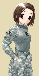 1girl army breasts brown_eyes brown_hair camouflage covered_erect_nipples digital_camouflage ebifly female_focus military military_uniform raglan_sleeves short_hair simple_background small_breasts solo united_states_army