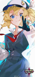 1girl absurdres astral_party baseball_cap black_gloves blonde_hair blue_coat blue_eyes coat copyright_logo fanny_(astral_party) gloves hat highres necktie red_necktie side_ponytail sola7764 solo tongue tongue_out watermark weibo_username weibo_watermark white_background