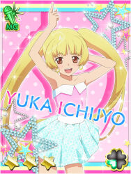 1girl :d akb0048 arm_behind_back arm_up blonde_hair blue_sky brown_eyes card_(medium) character_name cowboy_shot drop_shadow earrings heart ichijou_yuuka index_finger_raised jewelry long_hair looking_at_viewer miniskirt non-web_source official_art open_mouth pink_background pink_shirt shirt skirt sky smile solo sparkle standing star_(symbol) strapless strapless_shirt teeth twintails upper_teeth_only