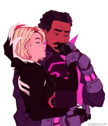 1boy 1girl absurdres alextucker artist_name blonde_hair costume couple curly_hair dreadlocks gwen_stacy highres marvel miles_g._morales miles_morales prowler_(marvel) signature simple_background spider-man:_across_the_spider-verse spider-man_(series) spider-verse twitter_username venom_(marvel)