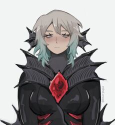 1girl black_bodysuit blue_eyes blue_hair bodysuit closed_mouth dearpupa e.g.o_(project_moon) faust_(project_moon) fins fluid_sac_(e.g.o) gem gradient_hair head_fins highres limbus_company looking_at_viewer multicolored_hair project_moon red_gemstone short_hair simple_background solo upper_body white_background white_hair