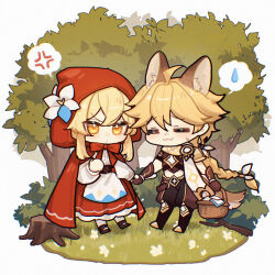 1boy 1girl =_= aether_(genshin_impact) anger_vein animal_ears ayiiiyiii blonde_hair brother_and_sister brown_pants brown_shirt chibi cloak corset flower genshin_impact grass highres hood hood_up hooded_cloak little_red_riding_hood_(fairy_tale) long_skirt lumine_(genshin_impact) pants red_cloak red_skirt scarf shirt short_hair_with_long_locks siblings skirt spoken_anger_vein spoken_sweatdrop sweatdrop tree white_flower white_scarf white_shirt yellow_eyes