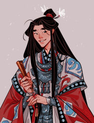 1boy animal black_eyes black_hair borrowed_clothes bracer bug butterfly butterfly_on_head chinese_clothes eyeliner facial_mark fmd folding_fan forehead_mark grey_background hand_fan hanfu holding holding_fan insect jewelry long_hair long_sleeves makeup male_focus miao_clothes open_mouth parted_bangs print_robe red_eyeliner red_hanfu red_robe robe see-through_butterfly silver_chain silver_necklace silver_trim simple_background smile solo string string_around_finger string_of_fate tassel tianguan_cifu topknot very_long_hair white_butterfly wide_sleeves xie_lian