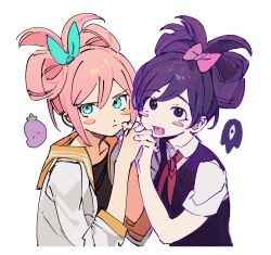 2girls :d alternate_hairstyle aqua_bow aqua_eyes aubrey_(faraway)_(omori) aubrey_(omori) black_shirt blush_stickers bow cinnamiku_hairstyle closed_mouth collarbone collared_shirt commentary double-parted_bangs face-to-face folded_twintails from_above frown hair_between_eyes hair_bow highres holding_hands interlocked_fingers jacket looking_at_viewer lower_teeth_only mari_(headspace)_(omori) mari_(omori) mr._plantegg_(omori) multiple_girls omori open_clothes open_jacket open_mouth orange_sailor_collar pink_bow pink_hair purple_eyes purple_hair purple_sweater_vest raised_eyebrows sailor_collar shirt short_sleeves simple_background smile soko something_(omori) sweater_vest symbol-only_commentary teeth three-quarter_sleeves upper_body upturned_eyes v-shaped_eyebrows white_background white_jacket white_shirt