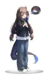 1girl :d absurdres airi_kanna alternate_costume alternate_hairstyle antenna_hair bag black_bag black_jacket black_tail blue_eyes blue_hair blue_pants blue_tail blush brown_hair collarbone colored_inner_hair cross-laced_shoes deformed denim dragon_girl dragon_tail eyes_visible_through_hair firehippo forehead_tattoo full_body gradient_tail green_shoes hair_intakes hair_tie handbag hands_up head_down heart highres holding holding_microphone horns jacket jeans long_hair long_sleeves looking_at_viewer looking_to_the_side low-tied_long_hair low_twintails microphone multicolored_hair multicolored_shoes open_mouth pants raised_eyebrows scales shaded_face shirt shoes shoulder_bag shoulder_strap sidelocks smile sneakers solo spoken_character squiggle_eyes standing stellive streaked_hair swept_bangs tail thick_eyelashes twintails two-tone_shoes very_long_hair virtual_youtuber white_background white_horns white_shirt white_shoes