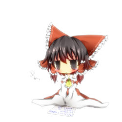 1girl bad_id bad_pixiv_id black_eyes blush bow brown_hair female_focus hair_bow hakurei_reimu jitome paper pasutel simple_background solo tears touhou translated