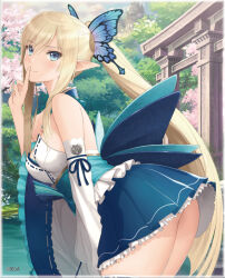 Rule 34 | 1girl, aqua nails, ass, bare shoulders, blonde hair, blue eyes, breasts, butterfly hair ornament, cherry blossoms, commentary request, day, elf, finger to mouth, hair ornament, kirika towa alma, long hair, long pointy ears, looking at viewer, medium breasts, nature, outdoors, pointy ears, ponytail, shining (series), shining resonance, shushing, sidelocks, skirt, smile, solo, sunlight, tony taka, very long hair, water