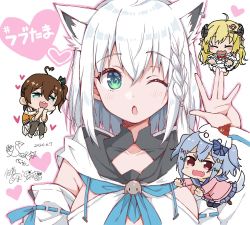 1boy 3girls ^_^ ahoge animal_ears artist_collaboration asymmetrical_hair black_legwear blonde_hair blue_bow blue_eyes blue_hair blue_skirt blush blush_stickers bow braid breasts brown_hair chestnut_mouth chibi closed_eyes commentary cropped_jacket crossdressing crossover dated detached_sleeves dog_hair_ornament dog_tail dress eyelashes fang fox_ears hair_between_eyes hair_bow hair_ornament hands_on_own_chin hashtag heart heart_ahoge hololive hood hoodie horns inuyama_tamaki jacket large_breasts long_hair looking_at_viewer making-of_available medium_hair miniskirt multiple_girls natsuiro_matsuri noripro off-shoulder_jacket off_shoulder one_eye_closed open_mouth orange_jacket outline own_hands_together pantyhose pink_shirt pleated_skirt poop red_eyes sailor_collar school_uniform serafuku sheep_ears sheep_horns shirakami_fubuki shirakami_fubuki_(1st_costume) shirakami_fubuki_(artist) shirt side_braid side_ponytail signature simple_background skirt smile solo_focus striped_bow tail thighhighs tsukudani_norio tsunomaki_watame twintails upper_body virtual_youtuber waving wavy_mouth white_background white_dress white_hair white_hoodie white_skirt