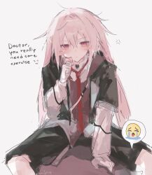 1boy absurdres animal_ears ansel_(arknights) arknights crying_emoji emoji english_text highres im_1diot lop_rabbit_ears male_focus necktie pink_hair rabbit_boy rabbit_ears red_necktie short_hair simple_background speech_bubble trap