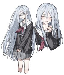 1girl absurdres black_sweater blue_eyes blush cardigan clenched_hand closed_eyes closed_mouth fujo0t4ku grey_pupils grey_serafuku grey_skirt highres long_hair neckerchief open_cardigan open_clothes open_mouth own_hands_together pleated_skirt project_sekai red_neckerchief sailor sailor_collar school_uniform serafuku simple_background skirt smile solo sweater very_long_hair white_background white_sailor_collar yoisaki_kanade