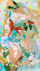 Rule 34 | 1girl, absurdly long hair, absurdres, ahoge, animal, animal ears, apron, black bow, black bowtie, black footwear, black hairband, black headwear, blonde hair, blue bow, blue eyes, blue headwear, blue ribbon, bow, bowtie, breasts, card, chinese commentary, chromatic aberration, closed mouth, collared dress, colorful, commentary request, dress, drill hair, eyelashes, flower, glasses, gloves, grass, hair between eyes, hair flower, hair ornament, hairband, hand on own chest, hat, highres, indoors, light blush, long hair, long sleeves, looking at viewer, maid apron, medium breasts, original, outstretched arm, outstretched hand, playing card, pocket watch, puffy sleeves, rabbit, rabbit ears, red gloves, ribbon, rose, sidelocks, smile, solo, standing, standing on one leg, twin drills, very long hair, watch, watermark, weibo watermark, weibo watermark, white apron, white flower, white rose, window, z3zz4