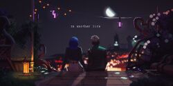 1boy 1girl arcane:_league_of_legends background_request black_jacket blue_hair blurry blurry_background dark-skinned_male dark_skin dreadlocks dress ekko_(league_of_legends) from_behind gibbous_moon green_vest highres holding_hands jacket jinx_(league_of_legends) lantern league_of_legends long_hair looking_ahead moon moonlight on_floor onlypixeeels overgrown piltover pixel_art plant powder_(arcane) shadow signature tile_floor tiles vest white_dress white_hair wire_fence