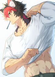 Rule 34 | 1boy, abs, animal ear fluff, animal ears, arm up, black hair, black skin, colored skin, dressing, earrings, fingernails, jewelry, komano manato, looking to the side, male focus, mature male, mouth hold, multicolored hair, multicolored skin, multiple scars, muscular, muscular male, navel, onimoti, pants, red hair, scar, scar across eye, scar on arm, scar on chest, scar on face, shirt, short hair, solo, stomach, toothbrush, toothbrush in mouth, two-tone skin, upper body, veins, veiny arms, veiny stomach, white shirt, zenless zone zero