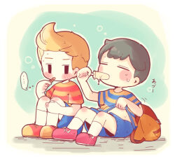 backpack bad_tag bag belly black_hair blonde_hair child eating food hat legs lucas_(mother_3) mother_(series) mother_2 mother_3 ness_(mother_2) nintendo opipio_m popsicle shirt shoes shorts shota socks striped_clothes striped_shirt super_smash_bros. sweat