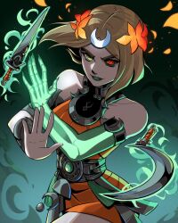 1girl ancient_greek_clothes asymmetrical_arms black_sclera bone caminukai colored_sclera crescent dress glowing_arm greco-roman_clothes green_eyes green_lips hades_(series) hades_2 holding_sickle laurel_crown melinoe_(hades) mismatched_sclera orange_dress red_eyes see-through_body short_hair sickle skeletal_arm smile solo weapon