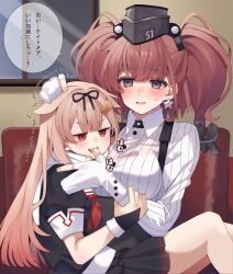 2girls atlanta_(kancolle) biting biting_finger black_hat black_ribbon black_serafuku black_shirt black_skirt blonde_hair brown_hair collared_shirt commentary_request couch dress_shirt earrings feral_instincts garrison_cap gloves grey_eyes hair_flaps hat jewelry kantai_collection kozu_(bloomme1_me) long_hair long_sleeves multiple_girls neckerchief partially_fingerless_gloves pinstripe_pattern pinstripe_shirt pleated_skirt red_eyes red_neckerchief ribbon sailor_collar sailor_shirt scarf school_uniform serafuku shirt single_earring skirt star_(symbol) star_earrings striped_clothes striped_shirt suspenders translation_request two_side_up white_sailor_collar white_scarf white_shirt yuudachi_(kancolle) yuudachi_kai_ni_(kancolle)