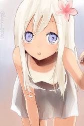 10s 1girl bad_id bad_twitter_id blonde_hair blue_eyes breasts downblouse female_focus kantai_collection leaning_forward long_hair nipple_slip nipples one-piece_tan open_mouth ro-500_(kancolle) sakiryo_kanna shirt_slip small_breasts solo tan tanline
