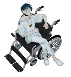 1boy absurdres closed_mouth commentary_request crossed_legs from_above full_body hair_between_eyes highres looking_at_viewer maelo male_focus meguriya_ayumu pants shirt shoes short_hair short_sleeves simple_background sitting smile solo toshi_densetsu_kaitai_center triangle_necklace wheelchair white_background white_eyes white_pants white_shirt white_shoes