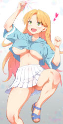 1girl arms_up blonde_hair blue_hoodie breasts covered_erect_nipples drawstring gem gluteal_fold green_eyes heart highres holding holding_gem hood hood_down hoodie joy_ride jumping large_breasts long_hair looking_up no_bra no_panties open_mouth parted_bangs pussy ruri_no_houseki sandals skirt smile solo sweat tanigawa_ruri thighs three-quarter_sleeves underboob very_long_hair white_skirt