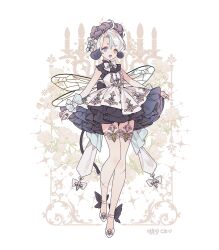 1girl :o anklet blue_brooch bow colored_tongue commentary commission dress embroidery fairy fairy_wings floral_background frilled_dress frills full_body garter_straps gold_embroidery heterochromia jewelry lemon89h lolita_fashion looking_at_viewer multicolored_hair original rococo_movement scar scar_on_leg short_hair solo standing standing_on_one_leg wings