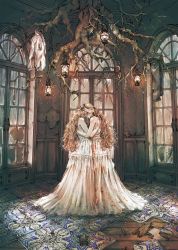 2girls bare_shoulders blindfold blonde_hair blood blood_on_clothes blood_stain broken_window dress full_body highres hug indoors kobone_awaki lantern long_hair multiple_girls original pants plant_roots pocket_watch shirt siblings torn_clothes torn_shirt twins watch wavy_hair white_dress window wooden_floor